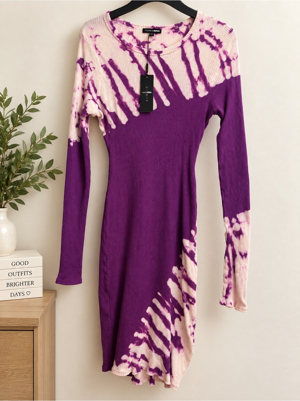 Fashion Nova Purple and Cream Tie-Dye Ribbed Long Sleeve Dress
